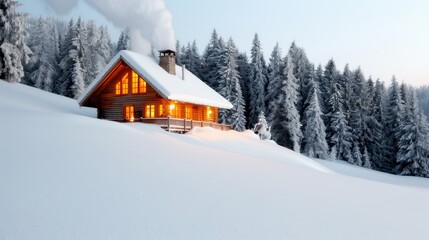 A warmly-lit wooden cabin nestled in a snowy forest exudes cozy warmth, with smoke rising from the chimney as dusk sets over the wintry landscape, inviting serenity and comfort.