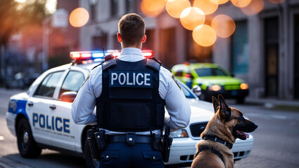 Policeman wearing police vest is standing with his dog on the street next to police car with city night lights. Street crime, safety concept