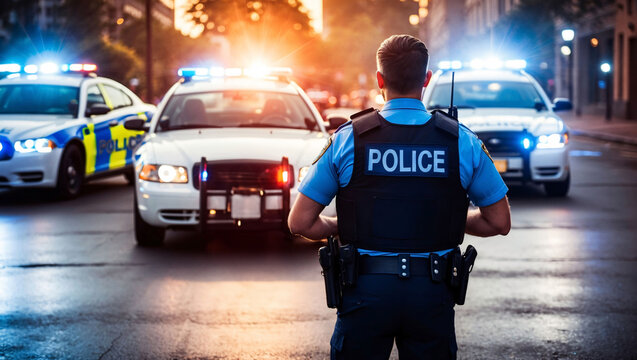 Policeman wearing police vest is standing on the street next to police car with city night lights in the background. Street crime, safety concept	