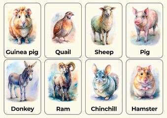 Educational cards for memory development for children, names of domestic and farm animals