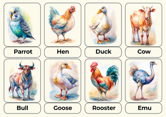 Educational cards for memory development for children, names of domestic and farm animals