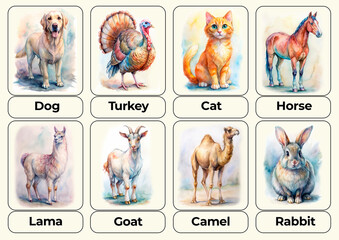 Educational cards for memory development for children, names of domestic and farm animals