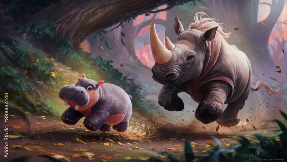 Poster a rhino and baby elephant running through a forest in the distance, ai