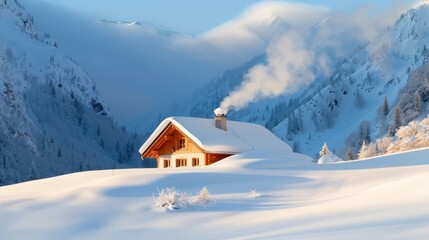 A quaint cabin with smoke rising from its chimney is nestled in a snowy mountain range, creating a serene and inviting winter scene under a blue sky.