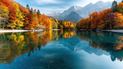 Peaceful lake surrounded by bright autumn tree colors reflecting in the water under a clear blue sky, with a spectacular backdrop of rugged, snow-capped mountains.