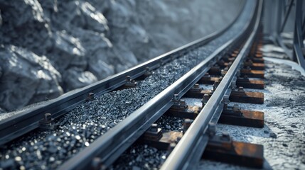 The train tracks are covered in gravel and rocks. The tracks are old and rusty. The train is not visible in the image