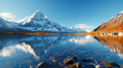 Obraz premium A stunning snow-capped mountain is beautifully reflected in the calm, clear water lake, capturing the essence of tranquil and majestic natural landscapes.