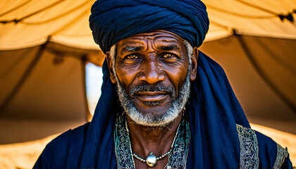 Elderly Libyan Tuareg Man in Traditional Indigo Robes