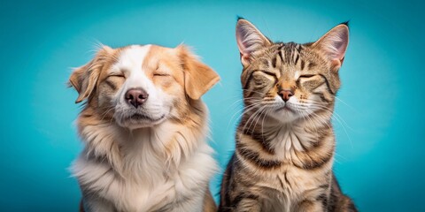 Adorable dog and cat duo sit together, beaming with joy, eyes closed in bliss, against a bright blue background, epitomizing friendship and harmony.