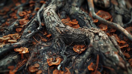 Fototapeta premium A tree root with mushrooms growing on it. The image has a natural and earthy feel to it