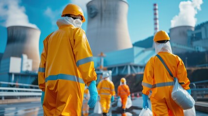 A group of workers in yellow and blue protective gear are walking through a plant. The workers are wearing gloves and masks, and they are carrying bags. Concept of caution and safety