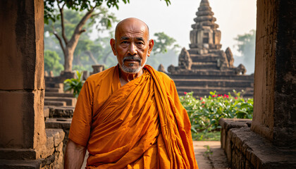 Naklejka premium Elderly Cambodian Monk in Saffron Robes