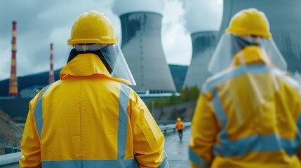 A group of workers in yellow and blue protective gear are walking through a plant. The workers are wearing gloves and masks, and they are carrying bags. Concept of caution and safety