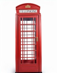 A classic English-style vintage telephone booth set against a stark white background.