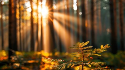 A young sapling stands illuminated by sunlight filtering through the tall trees of a dense forest, creating a serene, hopeful, and inspiring natural scene.