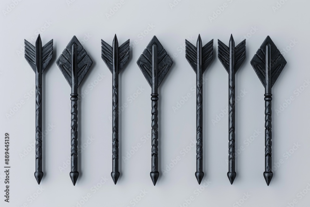 Poster row of black arrows sitting on a white surface, perfect for abstract designs and minimalist themes