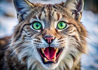 Fototapeta premium Adorable whiskered feline with vibrant green eyes and snowy fur, mouth open in a playful snarl, revealing sharp white teeth and pink gums.