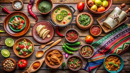 Vibrant traditional Mexican dishes, colorful textiles, and rustic wooden utensils adorn a wooden table, surrounded by earthenware pots and vintage cultural decor, awaiting text overlay.