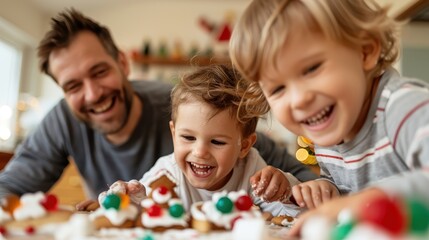 Obraz premium A father and his children cheerfully decorate gingerbread cookies with icing and colorful candies, sharing a joyful bonding time in a warm, festive kitchen setting.