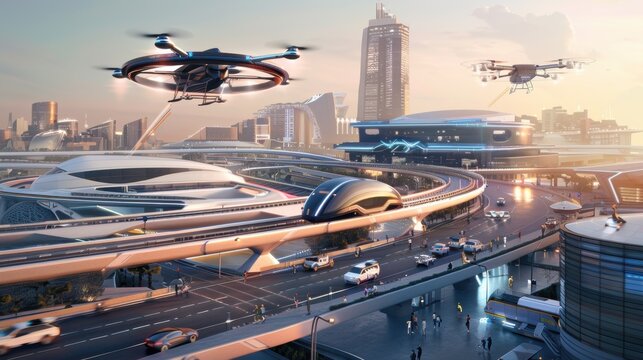 Futuristic transportation hub with hyperloop systems, flying cars, and modern infrastructure set in a bustling cityscape, highlighting advanced technology and urban mobility innovations.