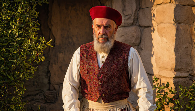 Elderly Greek Man in Traditional Fustanella Skirt