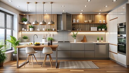 interior photography medium close-up view elevation view of a modern minimal style kitchen