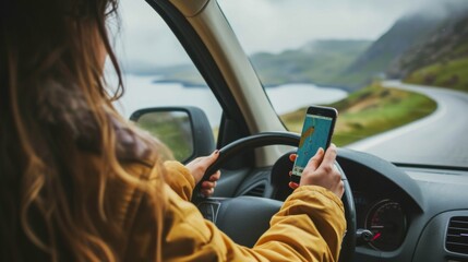 Fototapeta premium A person using their phone to navigate while on a road trip