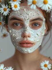 Fototapeta premium Young woman with a face mask and daisies in her hair, promoting natural skincare and beauty treatments.