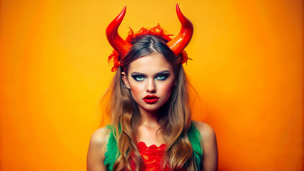 Stunning and colorful portrait of a young woman with devil horns and creative makeup.