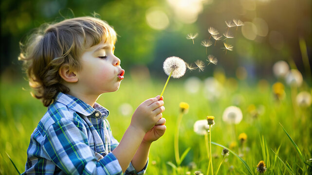 Little boy blowing dandelion seeds in a field of dandelions on a sunny day. The sun shines brightly overhead.
