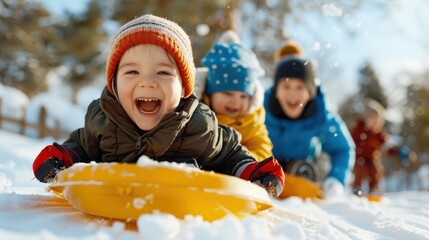 Three joyous kids laugh heartily as they slide down a snowy hill on a sled under the bright winter sun, wearing colorful winter clothes, gloves, and hats.