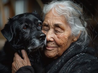 Obraz premium Senior Volunteer Providing Loving Care to Dog at Animal Shelter