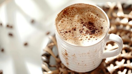 Obraz premium Close-up image of a frothy cappuccino in a white mug on a wicker coaster, captured in warm morning light with coffee beans scattered around.