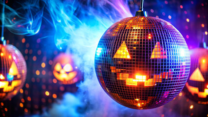 Obraz premium Halloween mirror ball with pumpkin face in a disco setting