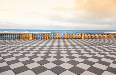 Livorno, Italy. Famous Mascagni Terrace - Terrazza Mascagni - with chess geometry pattern pavement