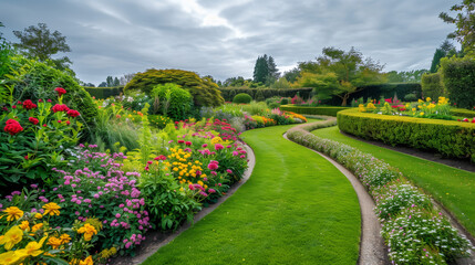 Fototapeta premium Lush, colorful garden with carefully manicured flowerbeds arranged in geometric patterns, vibrant with a variety of blooming flowers, bordered by neat pathways and green hedges, under an overcast sky 