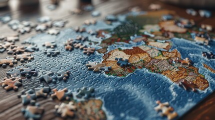Fototapeta premium A jigsaw puzzle of the world is on a table with pieces scattered around it