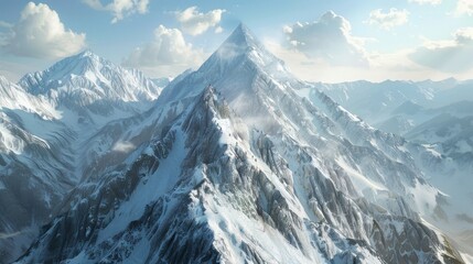 Obraz premium Majestic Aerial View of Snow Capped Mountain Peak with Climbers and Dramatic Shadows.
