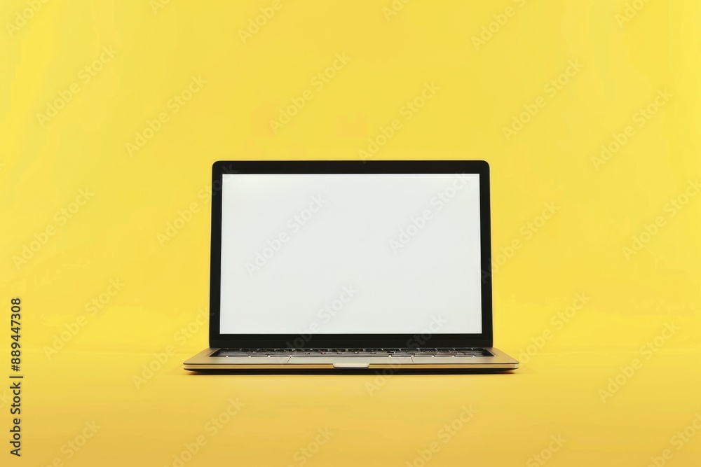 Poster a laptop computer sitting on top of a yellow surface