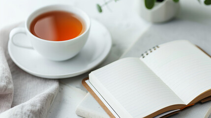 A cup of tea beside an open notebook on a white table, perfect setting for a relaxing writing session or morning routine.