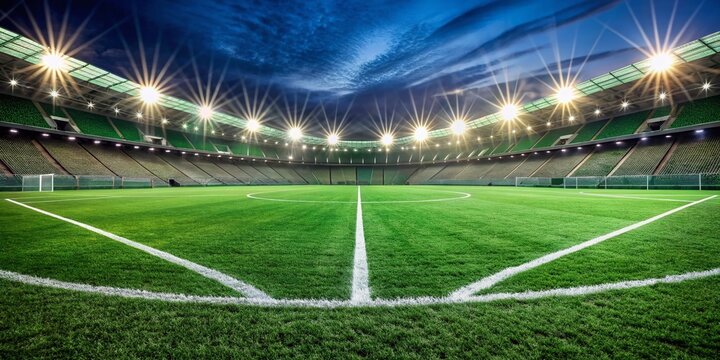 Vibrant green grass lines and white paint markings on a soccer stadium field, illuminated by distant floodlights, fill the frame in a tight, detailed shot.