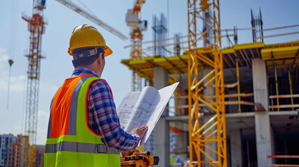 Construction Engineer Reviewing Blueprints Onsite
