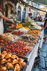 Obraz premium Italian street food culture arancini, panzerotti, gelato, cannoli in city scenes