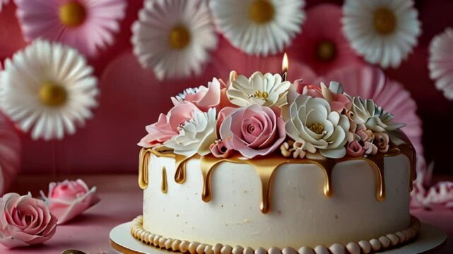 A simple tart cake for a wedding party in pink with melted chocolate
