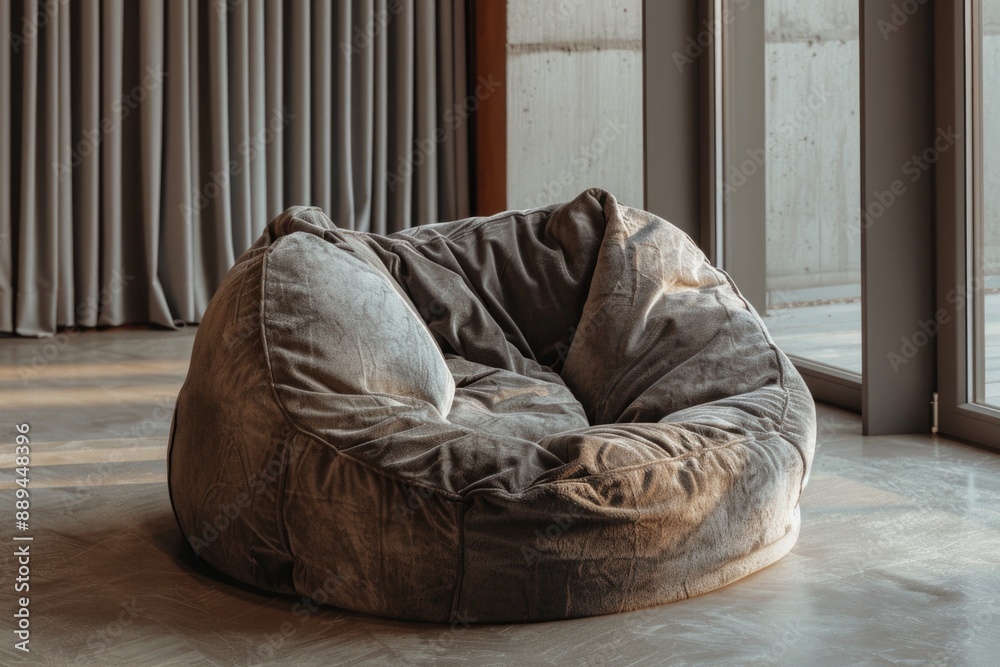 Poster A comfortable bean bag chair placed in front of a window, perfect for relaxing and enjoying the view