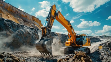 A large yellow excavator is digging into the ground. The sky is blue and there are clouds in the background