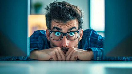 Shocked designer looking at laptop with eyes wide open