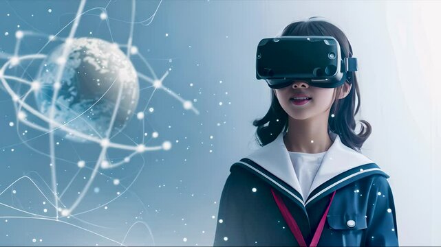 School girl with VR headset and atomic background, experiencing immersive scientific education through virtual reality. - Powered by Adobe