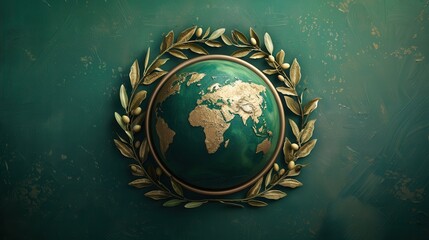 Fototapeta premium Elegant vintage globe with golden laurel wreath symbolizing peace and unity against a muted green textured backdrop. Perfect for international themes.