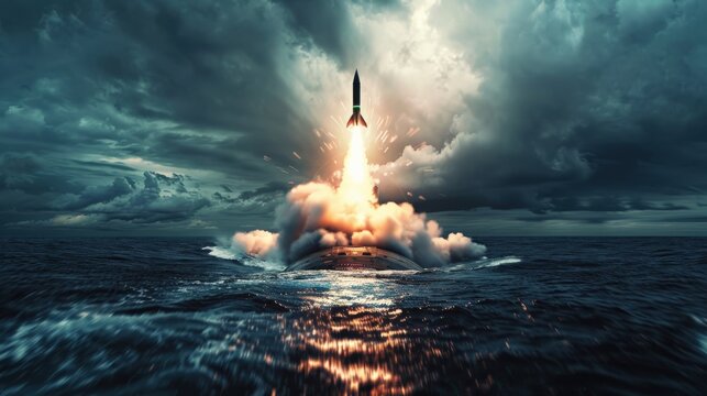 A rocket is launching into the sky, leaving a trail of smoke and fire behind it. The sky is dark and stormy, with clouds looming overhead. The scene is intense and dramatic